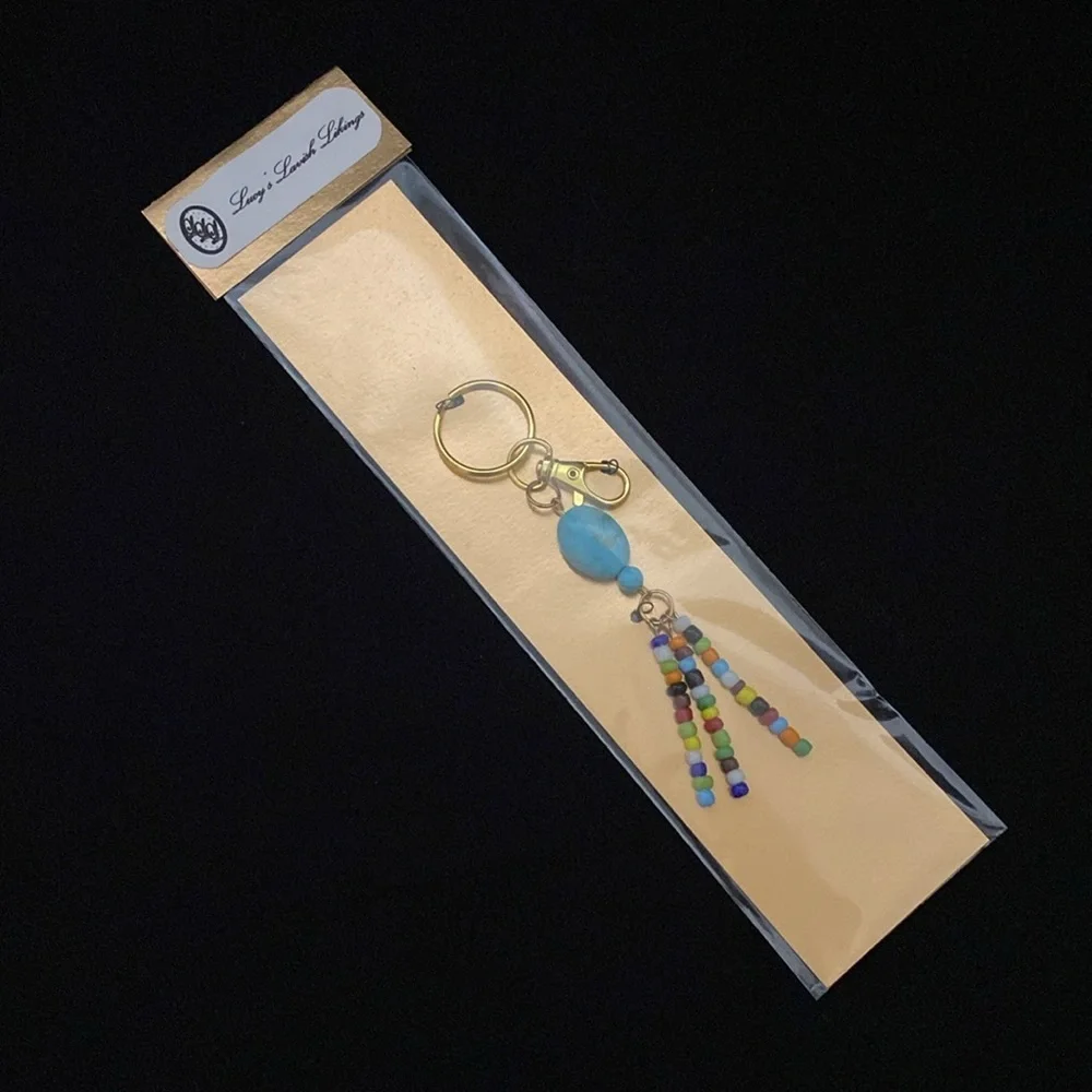 HANDCRAFTED Goldtone Keychain w/Turquoise Magnesite Gemstones & Glass Seed Beads